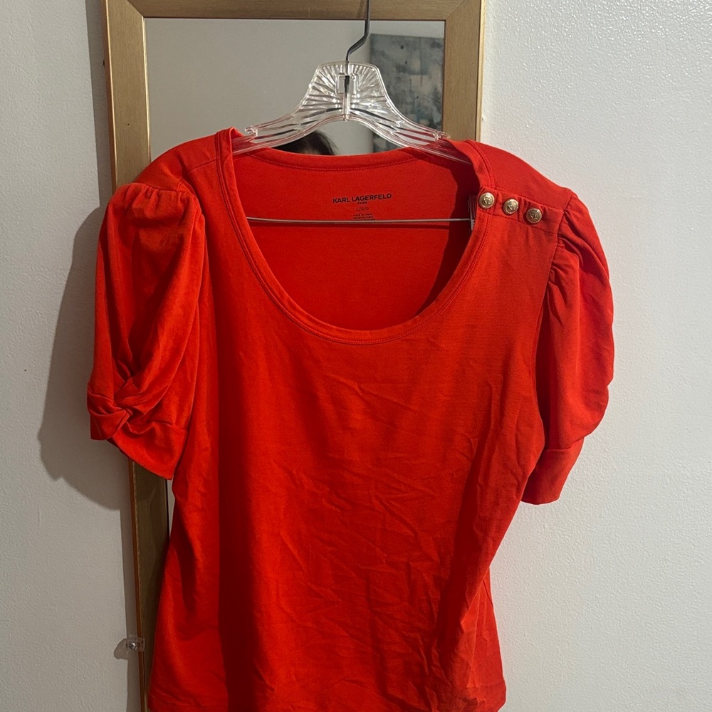 Karl Lagerfeld Bright Red Puff Sleeve Scoop Neck Top with Button Detail